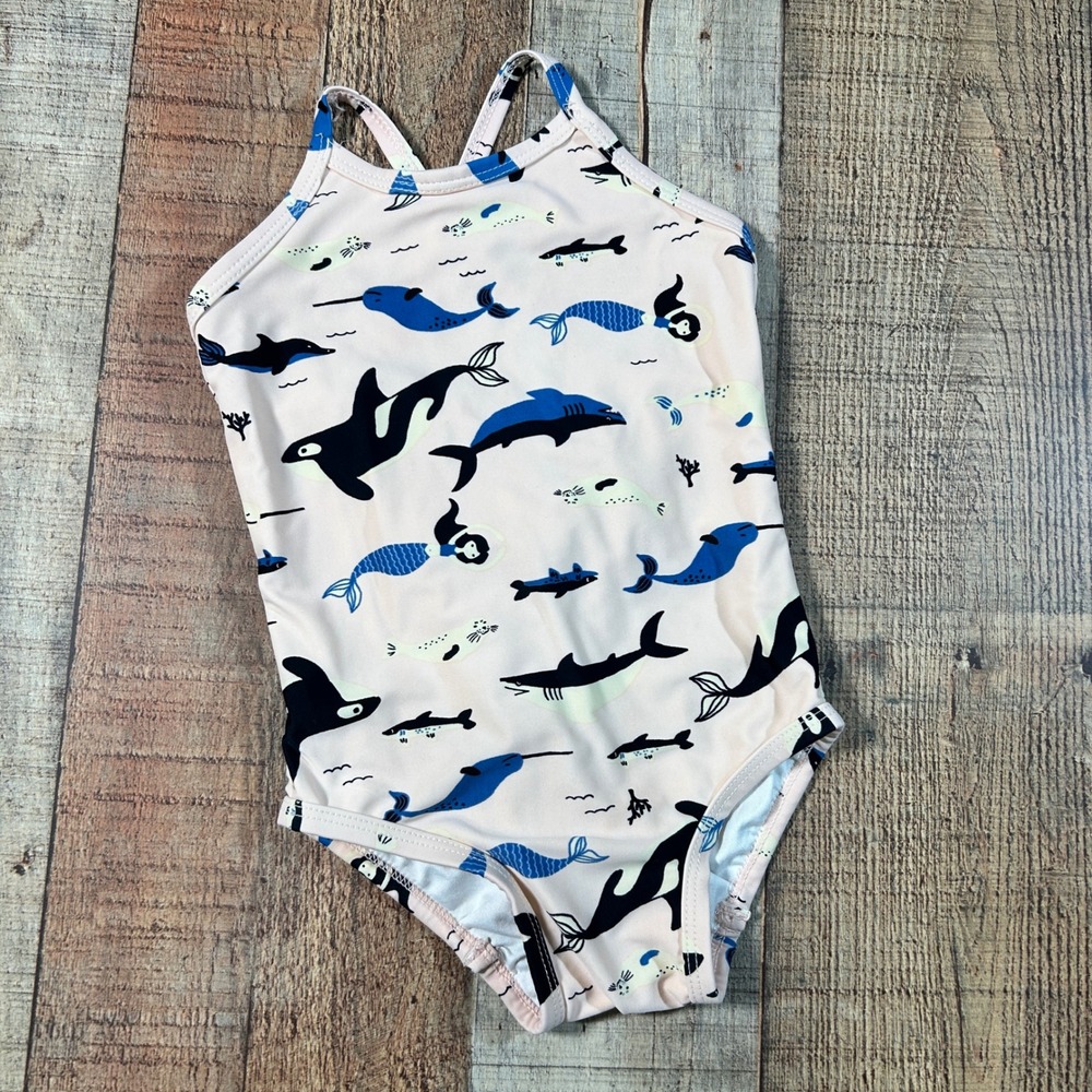 Hanna Andersson Pink Ocean Mermaid Whale One Piece Swimsuit 85cm US 2T